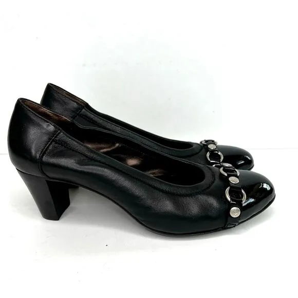 AGL Women's Classic Pump Cuban Heels Shoes Black Leather Slip On Chain Accent.
