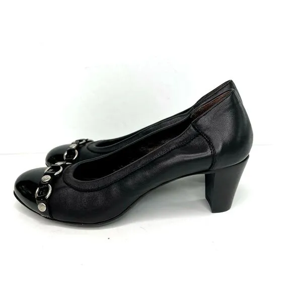 AGL Women's Classic Pump Cuban Heels Shoes Black Leather Slip On Chain Accent.