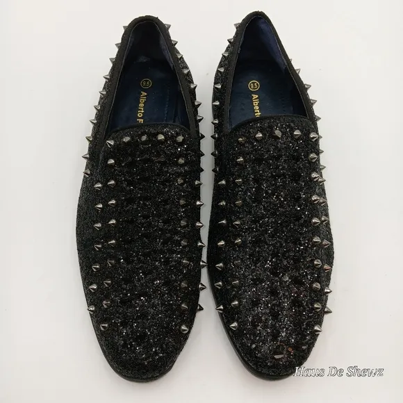 Alberto F. Men's Vintage Spike Dress Loafers Slip On Shoes Tuxedo Black