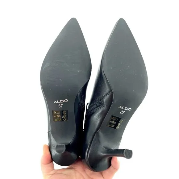 Aldo Boots Leather Ankle Booties Black Pointed Toe Leather Heels SZ 7 New