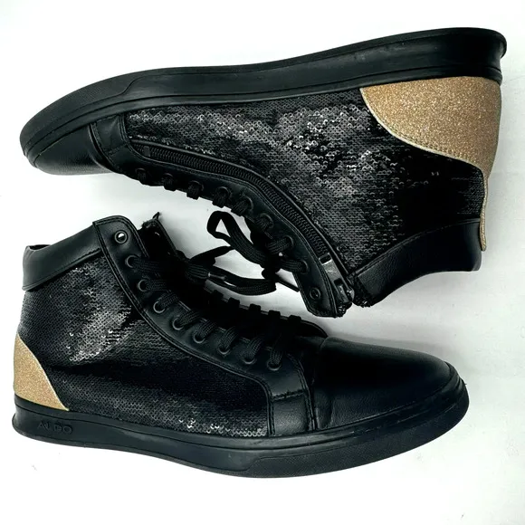 ALDO | Men's Size 9 High Top Black Sequin Gold Glitter Textured Sneakers Shoes