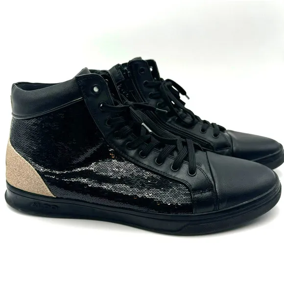 ALDO | Men's Size 9 High Top Black Sequin Gold Glitter Textured Sneakers Shoes
