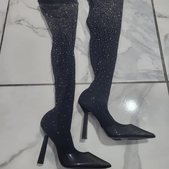 Aldo Sparkling Black Thigh-High Stiletto Boots