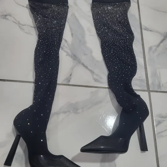 Aldo Sparkling Black Thigh-High Stiletto Boots