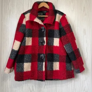 Ali Miles Red/BLACK/CREAM Check Plaid BOUCLE 3-Button Swing Jacket Size M NWOT