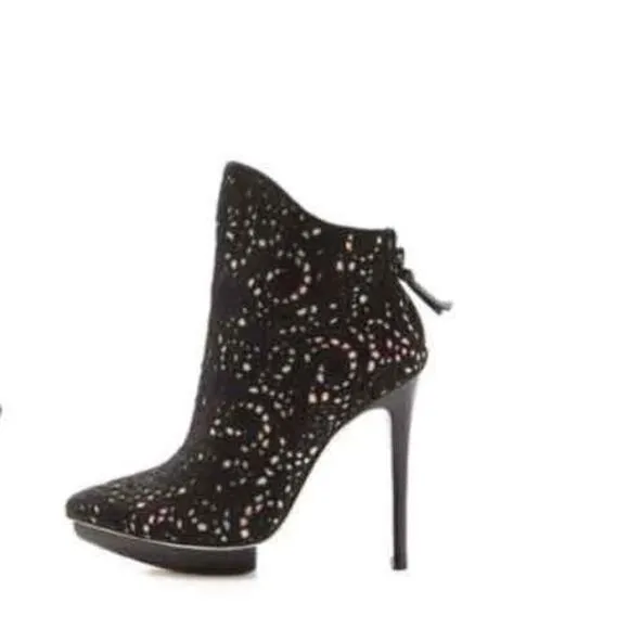 Alice Olivia Black Lace Calf Hair Stiletto Ankle Boots