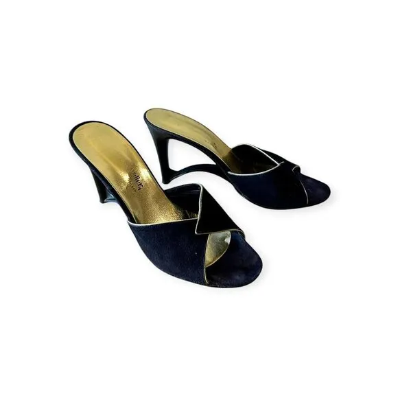 Andrew Geller Black Suede Gold Trim Cutout Wededge Sandals, Vintage,