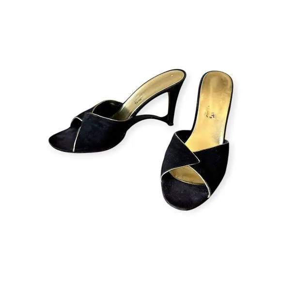 Andrew Geller Black Suede Gold Trim Cutout Wededge Sandals, Vintage,