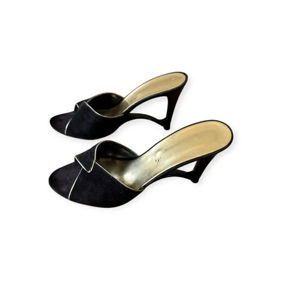 Andrew Geller Black Suede Gold Trim Cutout Wededge Sandals, Vintage,