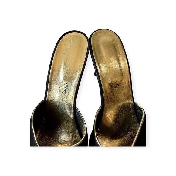 Andrew Geller Black Suede Gold Trim Cutout Wededge Sandals, Vintage,