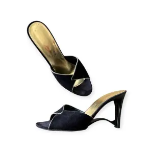 Andrew Geller Black Suede Gold Trim Cutout Wededge Sandals, Vintage,