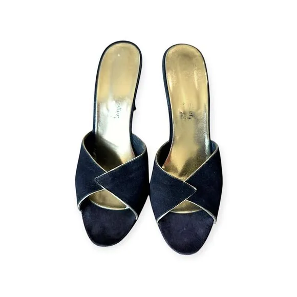 Andrew Geller Black Suede Gold Trim Cutout Wededge Sandals, Vintage,