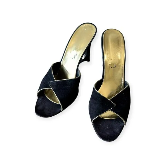 Andrew Geller Black Suede Gold Trim Cutout Wededge Sandals, Vintage,
