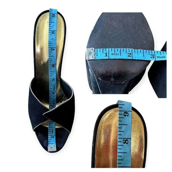 Andrew Geller Black Suede Gold Trim Cutout Wededge Sandals, Vintage,