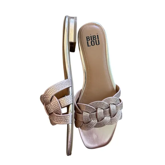 Anthropologie Bibi Lou Rose Gold Crystal Woven Slide Sandals Size EU 40 US 9