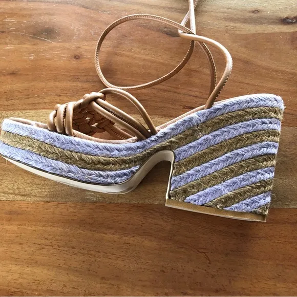 Anthropologie Chunky Platform Raffia Woven Leather Ankle Lace Purple Mix S8 NIB