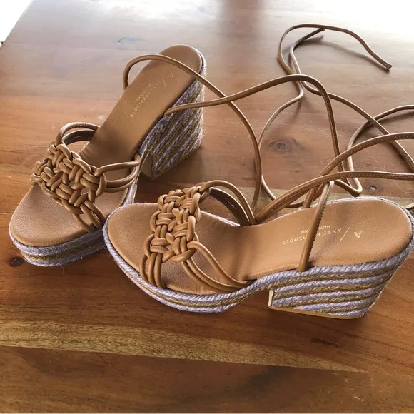 Anthropologie Chunky Platform Raffia Woven Leather Ankle Lace Purple Mix S8 NIB