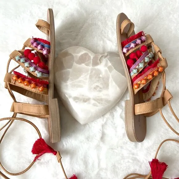 Anthropologie Handmade In Italy Beaded Leather Sandals Size 6