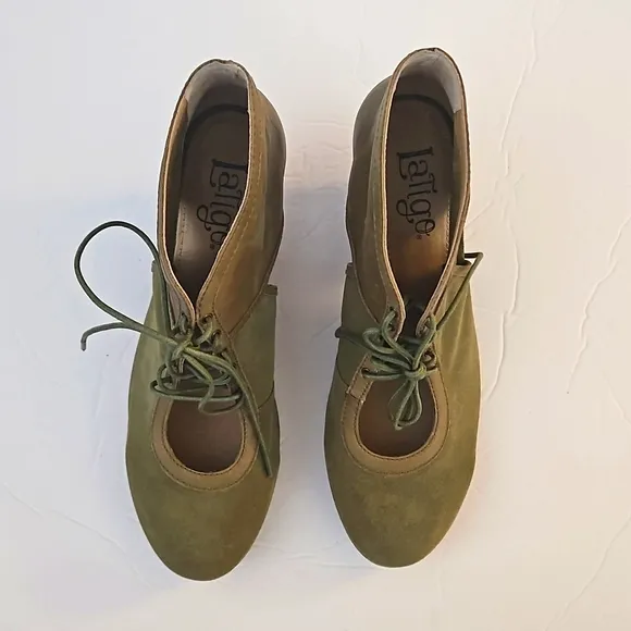 Anthropologie Latigo Soleil Lace-up Wooden Heels Leather Suede Green 9.5M NEW