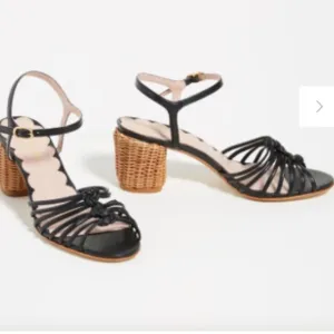 Anthropologie Miss L Fire Florentina Heeled Sandals black leather rattan heeled