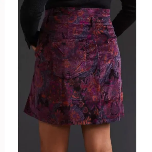 Anthropologie Pilcro Floral Corduroy Button Front Mini Skirt A Line Mod Retro