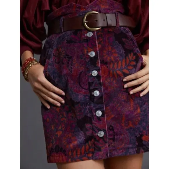 Anthropologie Pilcro Floral Corduroy Button Front Mini Skirt A Line Mod Retro