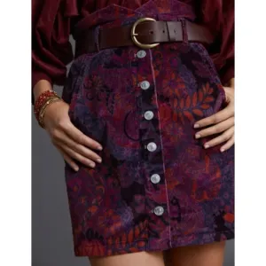 Anthropologie Pilcro Floral Corduroy Button Front Mini Skirt A Line Mod Retro