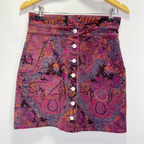 Anthropologie Pilcro Floral Corduroy Button Front Mini Skirt A Line Mod Retro