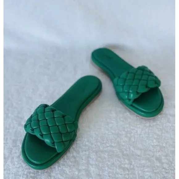 Anthropologie Seychelles Women Puffy Woven Green Preppy Slide Sandals Sz 7.5