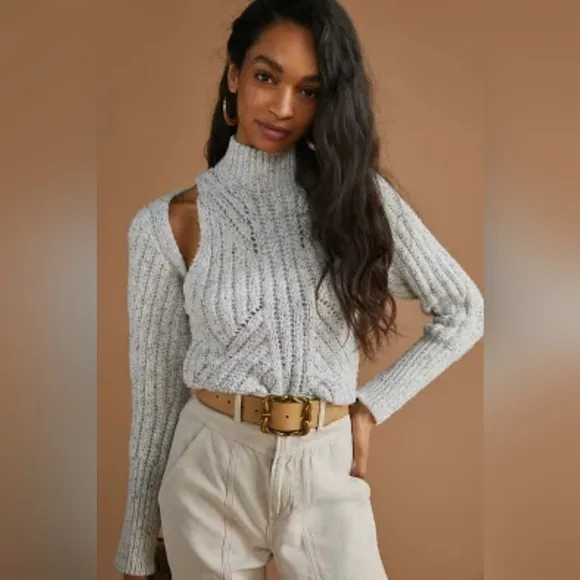 Anthropologie Shrug Sweater Set - Cream w/Navy  (2 Pieces) - NWT