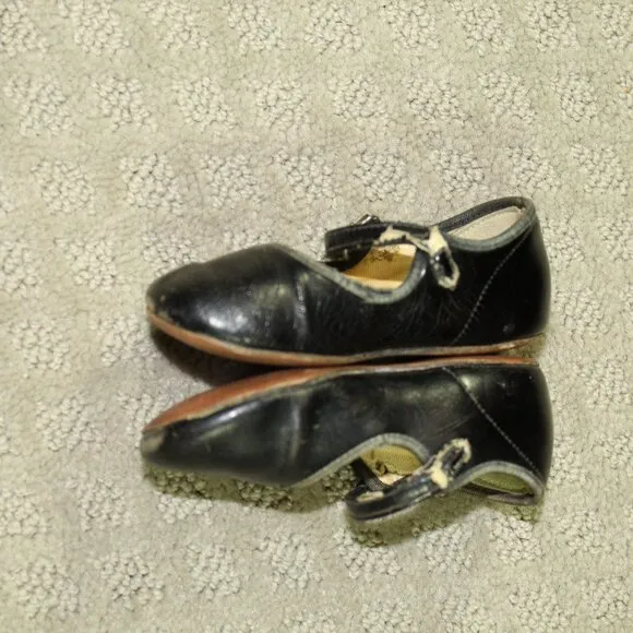 Antique Baby Biltwel Trainer Black Mary Jane Leather Baby Shoes w/ Leather Soles