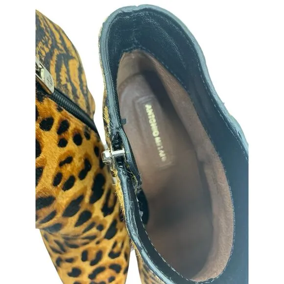 ANTONIO MELANI ANIMAL Print Fur Leather Sole Ankle High Heel Boots Size 7 1/2