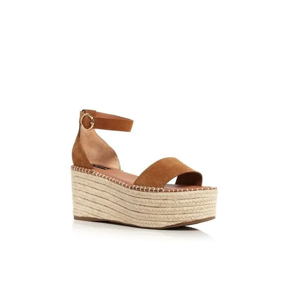 AQUA Womens Brown 1.5&quot; Platform Stitch Ria Wedge Leather Espadrille Shoes 9.5 M