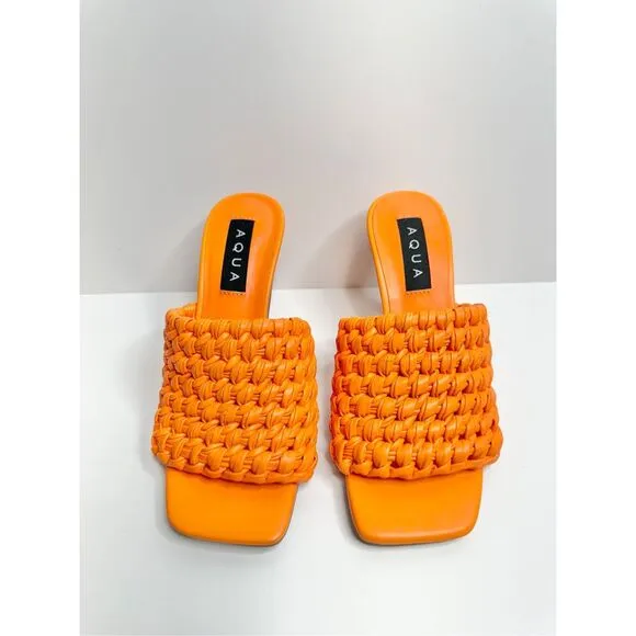AQUA Woven Sandals Size 8 Orange High Heel Open Square Toe NEW
