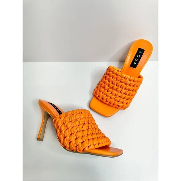AQUA Woven Sandals Size 8 Orange High Heel Open Square Toe NEW