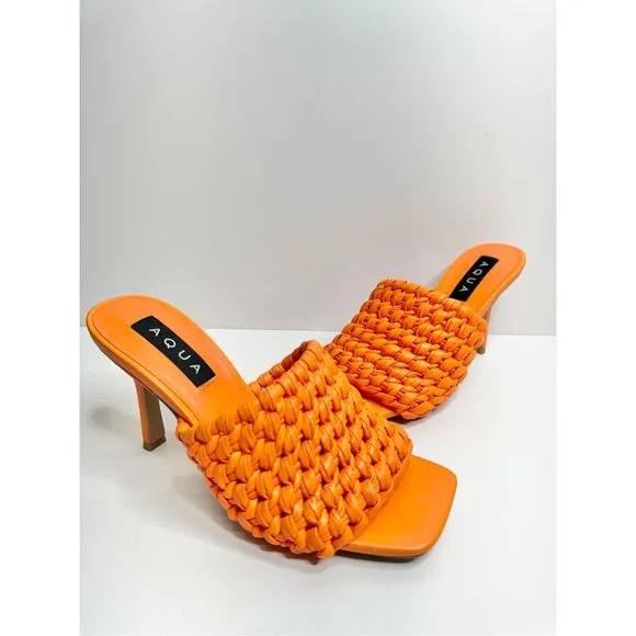 AQUA Woven Sandals Size 8 Orange High Heel Open Square Toe NEW