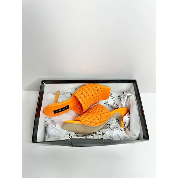 AQUA Woven Sandals Size 8 Orange High Heel Open Square Toe NEW