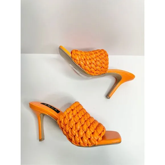 AQUA Woven Sandals Size 8 Orange High Heel Open Square Toe NEW