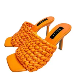 AQUA Woven Sandals Size 8 Orange High Heel Open Square Toe NEW