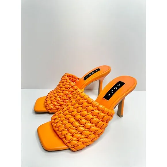 AQUA Woven Sandals Size 8 Orange High Heel Open Square Toe NEW