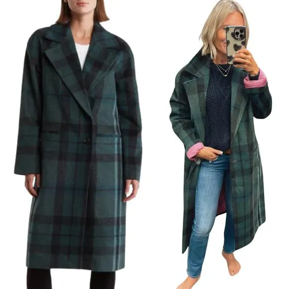 Avec Les Filles Walker Longline Coat Size XS Old Money Dark Academia Green Plaid