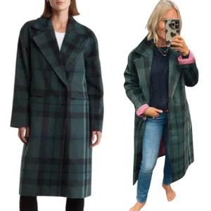 Avec Les Filles Walker Longline Coat Size XS Old Money Dark Academia Green Plaid