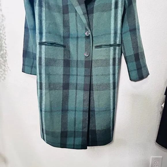 Avec Les Filles Walker Longline Coat Size XS Old Money Dark Academia Green Plaid