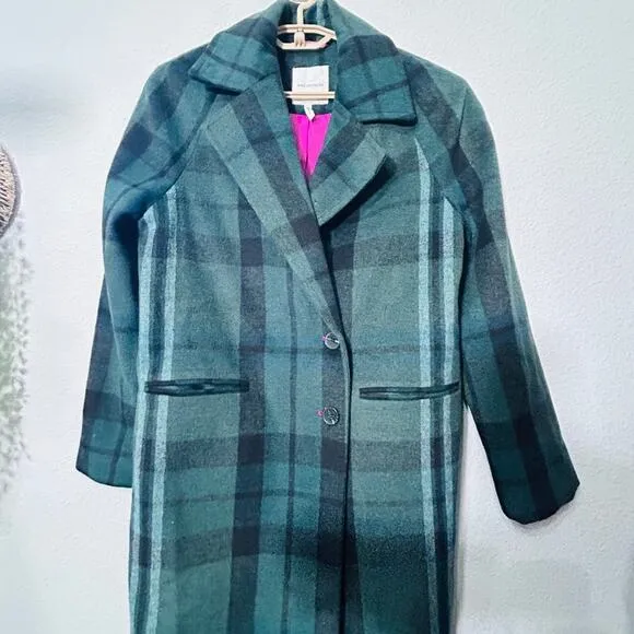 Avec Les Filles Walker Longline Coat Size XS Old Money Dark Academia Green Plaid