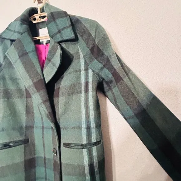 Avec Les Filles Walker Longline Coat Size XS Old Money Dark Academia Green Plaid
