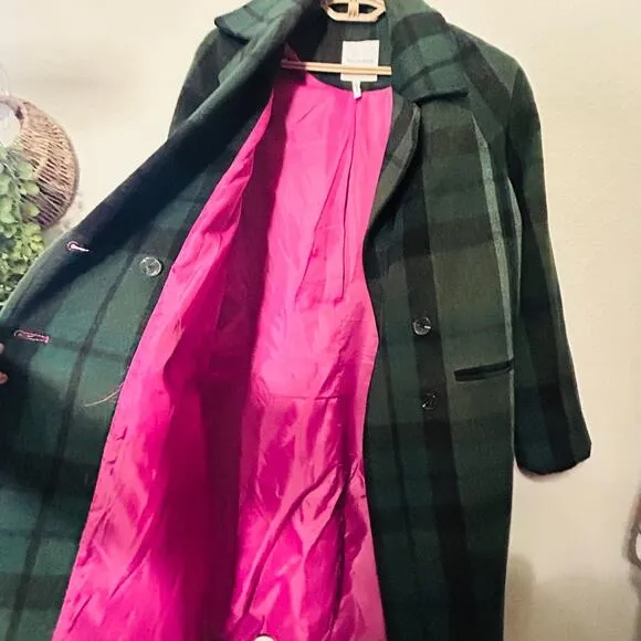 Avec Les Filles Walker Longline Coat Size XS Old Money Dark Academia Green Plaid