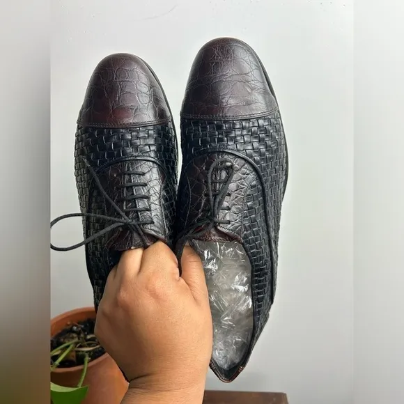 Avventura Mens Leather Woven made Italy Lace Up Oxford Dress Shoes Brown Size 10
