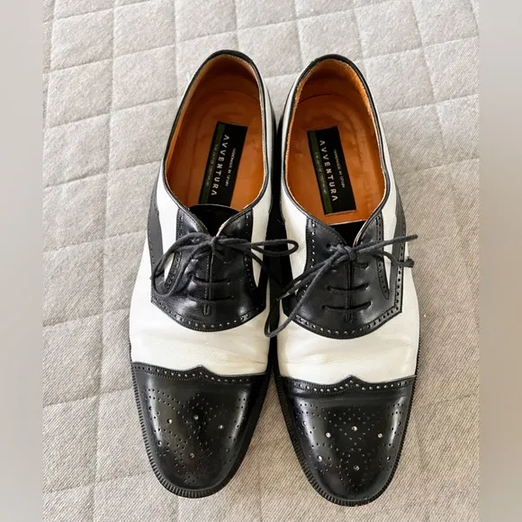 AVVENTURA Sz 9 Black &amp; White Brogue Vintage Leather Wingtip Lace up Oxford Shoes