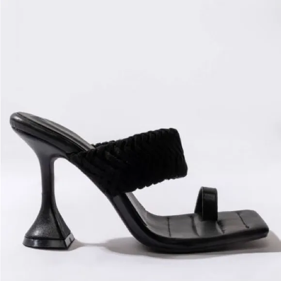 Azalea Wang Black Vegan Leather Woven Strap High Heel Sandals