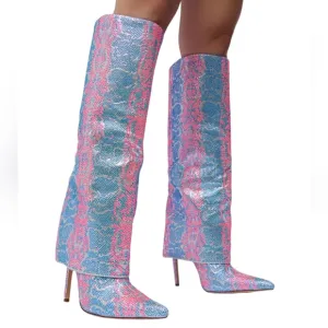 Azalea Wang Blue and Pink Rhinestones Below The Knee Women's Boots Size 11